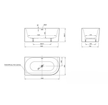 Technische tekening van een ligbad met afmetingen