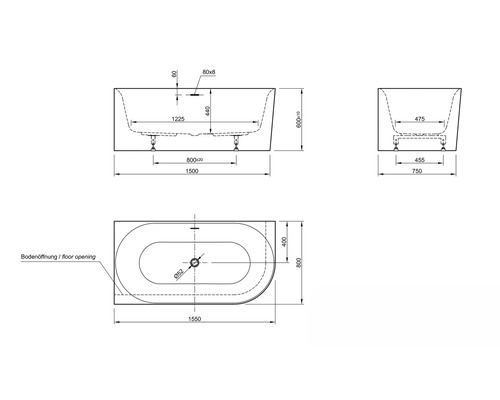 Technische tekening van een ligbad met afmetingen