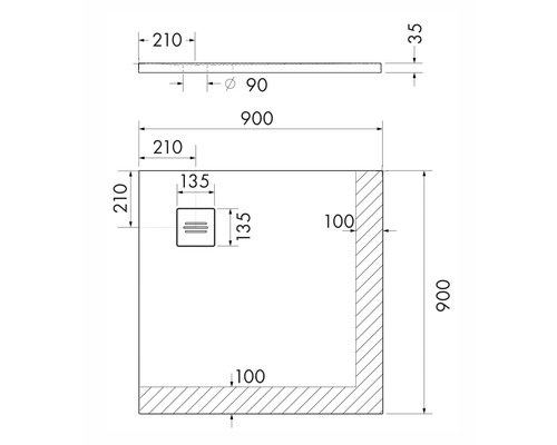 Technische tekening van een douchebak met afmetingen.