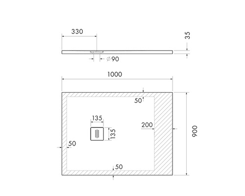 Technische tekening van een douchebak met afmetingen
