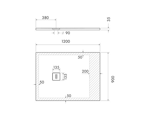 Technische tekening van een douchebak met afmetingen