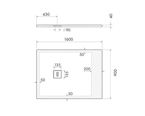 Technische tekening van een douchebak met afmetingen