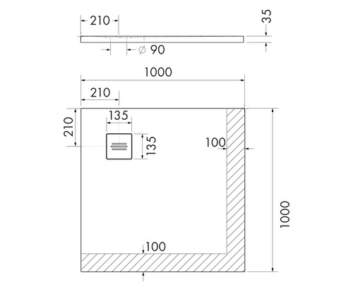 Technische tekening van een douchebak met afmetingen