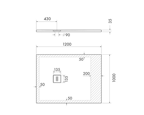 Technische tekening van een douchebak met afmetingen