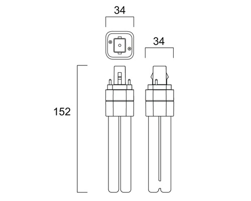 Technische tekening van een compacte fluorescentielamp met afmetingen