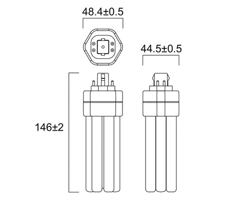 Technische tekening van een compacte fluorescentielamp met afmetingen