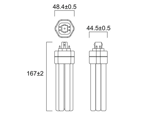 Technische tekening van een compacte fluorescentielamp met afmetingen