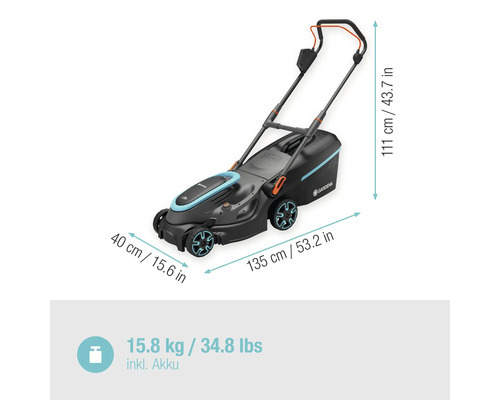 Gardena accu grasmaaier met afmetingen