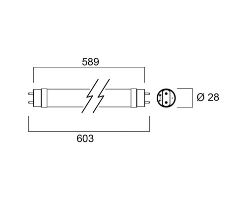 Technische tekening van een fluorescentielamp met afmetingen 589 mm, 603 mm en een diameter van 28 mm.