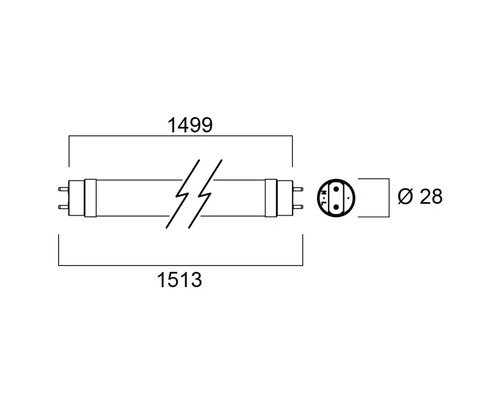Technische tekening van een fluorescentielamp met afmetingen
