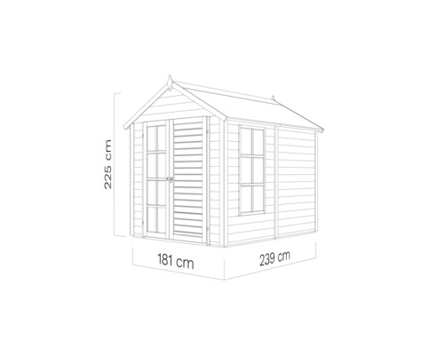 Tekening van een tuinhuis met de afmetingen 181 cm breed, 239 cm diep en 225 cm hoog