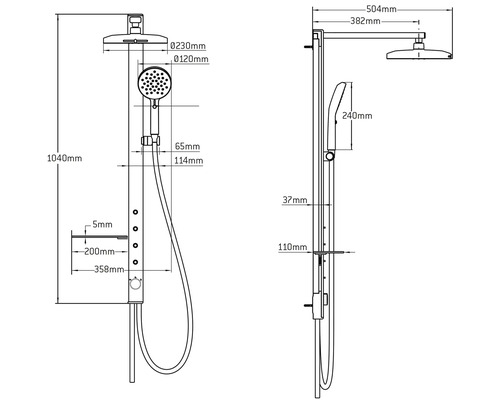 Technische tekening van een douchekolom met maatvoering