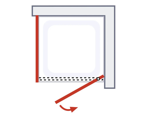 Weergave van een draaideur voor een douchecabine met zwenkbereik