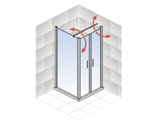 Hoekdouche met twee deuren en pijlen die de flexibele installatiemogelijkheden weergeven