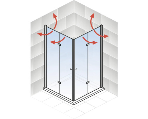 Hoekdouche met pijlen om de spatbescherming aan te geven