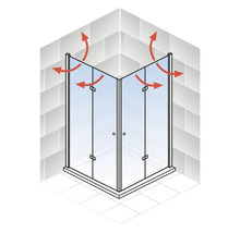 Hoekdouche met ventilatiepijlen in badkameromgeving