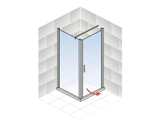 Hoekdouche met draaideur en rode pijl die de draaibeweging aangeeft