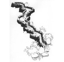 Schets van een kunstmatige waterval met stenen en planten