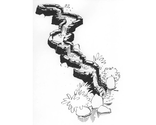 Schets van een kunstmatige waterval met stenen en planten