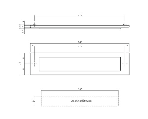 Technische tekening van een brievenbus met afmetingen.