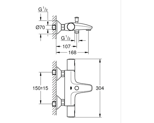 Technische tekening van een badkraan met afmetingen