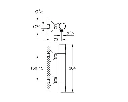 Technische tekening van een radiatorkoppeling met maatvoering