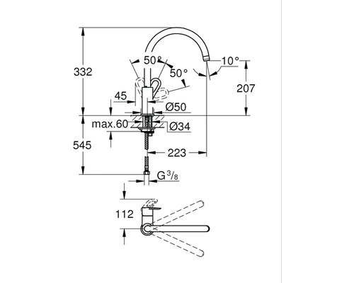 Technische tekening van een kraan met afmetingen.