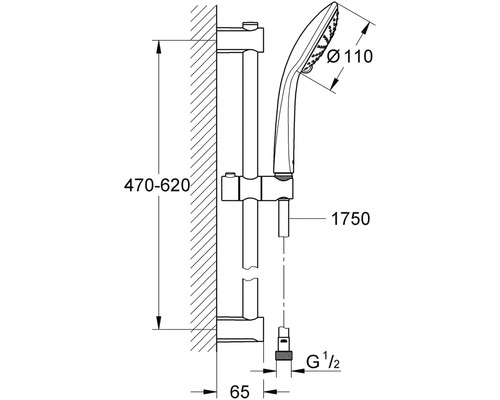 Technische tekening van een douchestang met handdouche en maatvoering