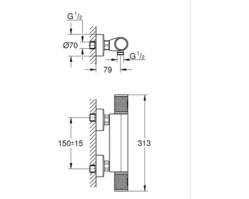 Technische tekening van een douchearmatuur met afmetingen