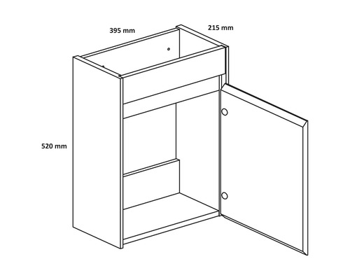 Tekening van een hangkast met deur en legplanken met afmetingen van 395 mm x 215 mm x 520 mm.