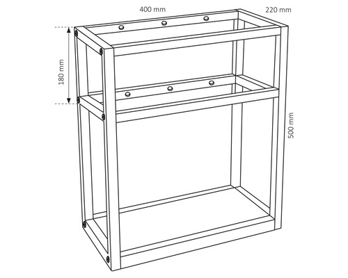 Omtrek van een wastafelonderkast met de afmetingen 400 mm breed, 220 mm diep en 500 mm hoog.