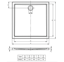 Technische tekening van een douchebak met afmetingen