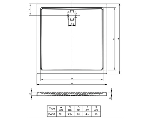 Technische tekening van een douchebak met afmetingen