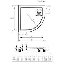 Technische tekening van een douchebak met afmetingen