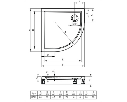 Technische tekening van een douchebak met afmetingen