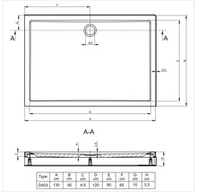 Technische tekening van een douchebak met maatvoering