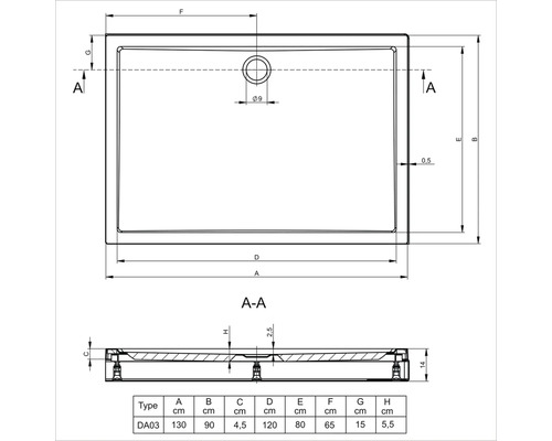 Technische tekening van een douchebak met maatvoering