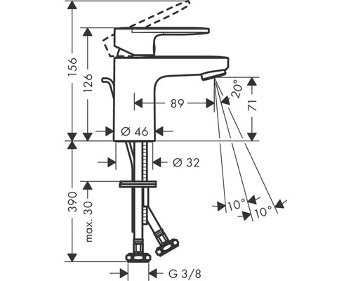 Technische tekening van een wastafelkraan met afmetingen