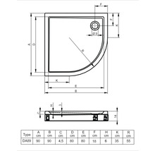 Technische tekening van een douchebak met maatvoering