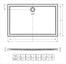 Technische tekening van een douchebak met afmetingen