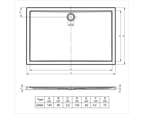 Technische tekening van een douchebak met afmetingen