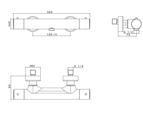 Technische tekening van een douchearmatuur met maatvoering