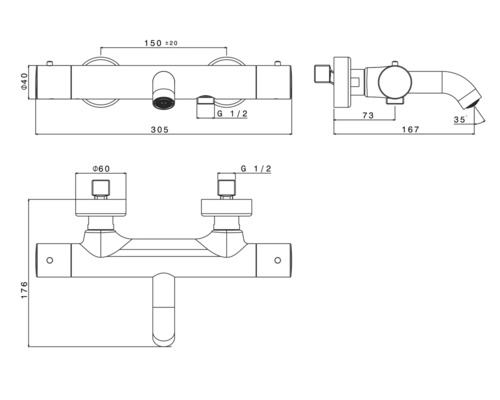 Technische tekening van een kraan met afmetingen