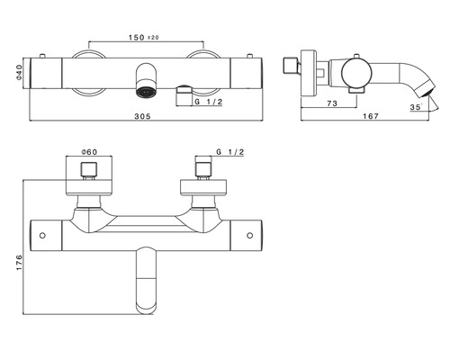Technische tekening van een kraan met maatgegevens.