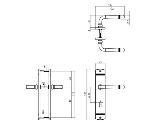 Technische tekening van een deurklink met afmetingen