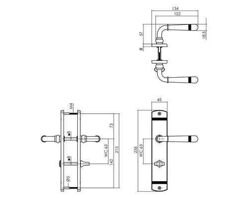 Technische tekening van een deurbeslag met afmetingen