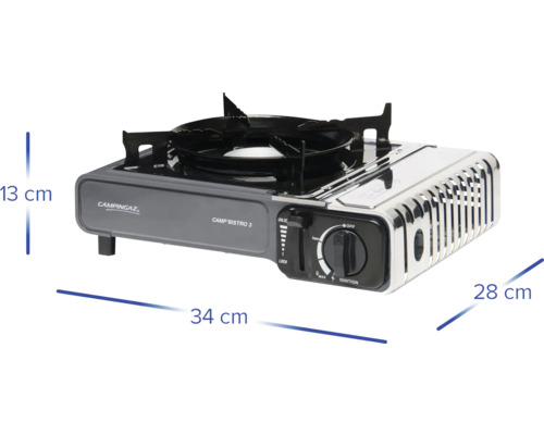 Campingaz kooktoestel Camp Bistro 3 met afmetingen van 13 cm hoog, 34 cm lang en 28 cm breed