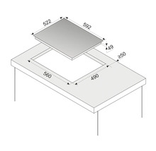 Schets van een kookplaat met maatvoering voor installatie in een werkblad