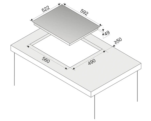 Schets van een kookplaat met maatvoering voor installatie in een werkblad
