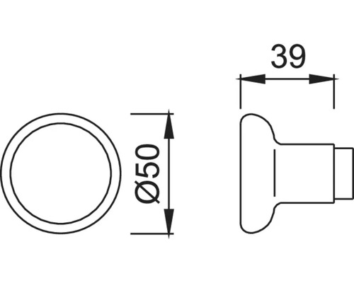 Technische tekening van een meubelknop met afmetingen 50 millimeter diameter en 39 millimeter diepte.